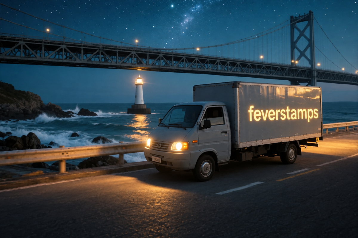 车身文字改为 feverstamps 的夜景货车图